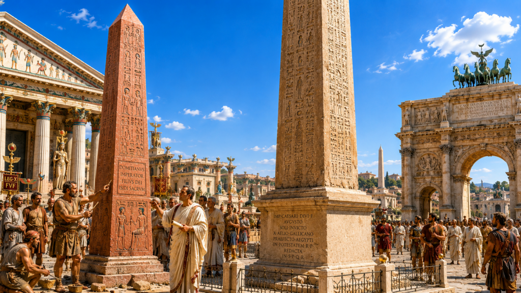 Illustrazione dell'antica Roma con obelischi egizi, templi monumentali, arco trionfale e folla in una piazza imperiale
