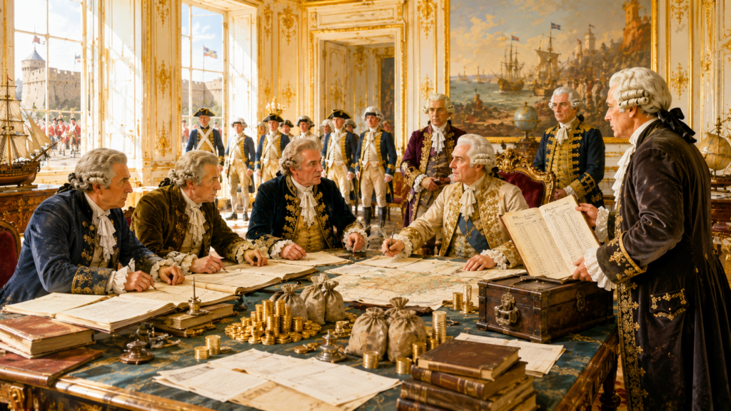 Nobili e consiglieri regi in abiti settecenteschi discutono attorno a un tavolo coperto di mappe, registri contabili e sacchi di monete d'oro, con soldati sullo sfondo e una flotta da guerra nel dipinto alle spalle, finanze di guerra Antico Regime