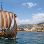 Drakkar vichingo con guerrieri e scudi colorati avanza verso una fortezza medievale sulla costa ligure-toscana