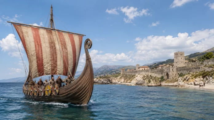 Drakkar vichingo con guerrieri e scudi colorati avanza verso una fortezza medievale sulla costa ligure-toscana
