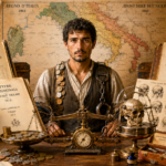 Man in a vintage vest sits at a cluttered desk with coins, skull, and ancient books against a large map; looks like a historical investigator or scholar.