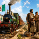 Famiglia contadina meridionale con bagagli assiste all'arrivo di una locomotiva a vapore durante il Risorgimento italiano, con bandiera sabauda e Reale Opificio di Pietrarsa sullo sfondo