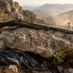Civil war relics: a rusty rifle and a 1864 coin resting on a rocky outcrop with shadowy soldiers in a dusty valley beyond.