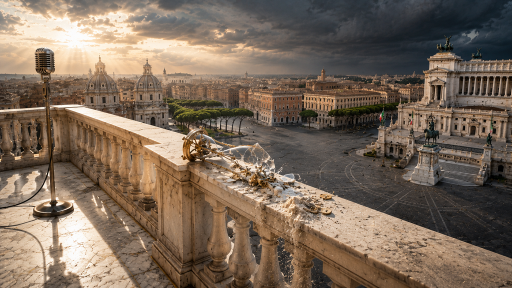 Il calcolo che si ruppe - Scripta Manent Italia Veduta di Roma da una terrazza con microfono, clessidra spezzata sul parapetto, Piazza Venezia e cielo tempestoso sullo sfondo