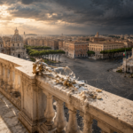 Rooftop terrace in Rome at sunset with a vintage microphone and cracked marble railing overlooking domed churches and the Vittoriano monument in the distance.