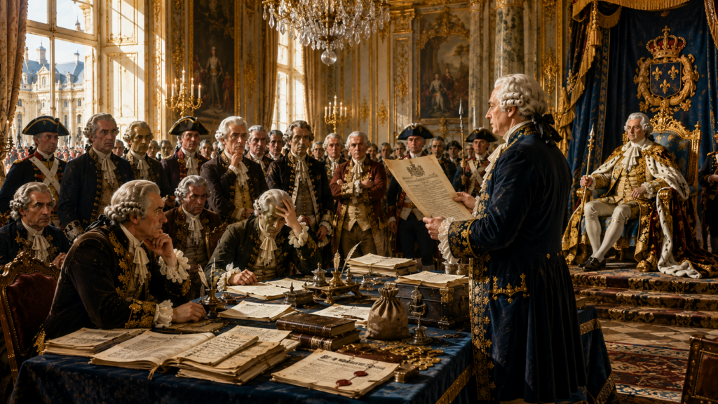 Funzionario regio legge un editto di sospensione dei pagamenti davanti a nobili costernati e a un sovrano in trono con manto ermellino, sala di palazzo barocco con stemma reale, default sovrano Antico Regime storia del debito pubblico