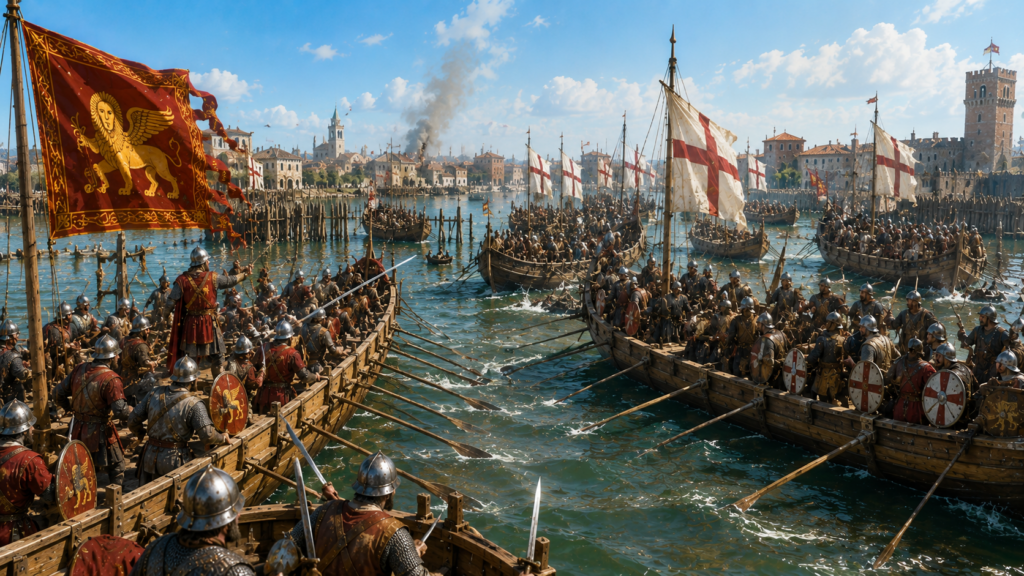 Il momento del destino la guerra di Chioggia 13781381 - Scripta Manent Italia Illustrazione della battaglia navale della Guerra di Chioggia (1378-1381): scontro frontale tra galee veneziane, con la bandiera del Leone di San Marco su sfondo rosso, e galee genovesi con vele bianche recanti la Croce di San Giorgio, soldati in cotta di maglia con elmi medievali e scudi, armati di lance e spade, su acque agitate in un porto medievale con torri e fumo sullo sfondo