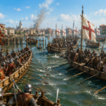 Medieval naval battle in a sunny harbor, rowed warships clashing as crusader banners fly overhead.