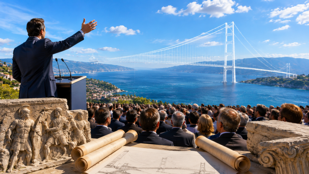 Il nesso tra Storia e Politica anatomia di una strumentalizzazione - Scripta Manent Italia Rappresentazione allegorica del nesso tra storia e politica nel progetto del Ponte sullo Stretto di Messina: un oratore in abito scuro gesticola da un podio davanti a una folla in ascolto, con sullo sfondo la visione digitale del ponte sospeso a campata unica tra Sicilia e Calabria, mentre in primo piano un fregio romano con soldati antichi e un antico rotolo di pergamena con disegni tecnici del ponte evocano la continuità tra ambizione storica e propaganda politica contemporanea
