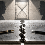 Split, cracked tombstone slabs bearing names and dates; a brown fountain pen rests on the left slab, a black pen on the right, with shadowy silhouettes and an hourglass on the wall behind.