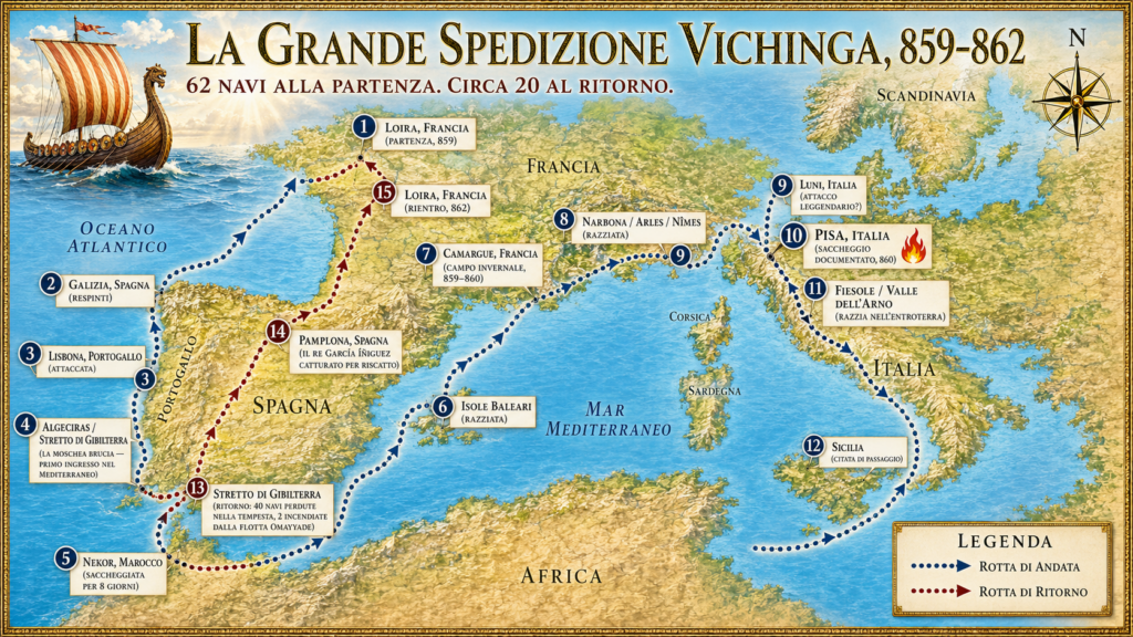 Mappa della grande spedizione vichinga 859-862 con rotte di andata e ritorno, tappe da Loira a Pisa, Sicilia e Marocco