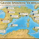 Map of the Viking expedition routes (859–862) across Europe and the Mediterranean, with blue dotted lines for outbound and red dotted lines for return. Key stops labeled with cities (Loira/France, Galizia/Spagna, Lisbona, Algeciras, Nekor, Baleari, Camargue, Narbona/Arles/Nîmes, Luni, Pisa, Fiesole, Sicilia, Pamplona, Stretto di Gibilterra) and a decorative sailing ship on the left and a compass rose on the top-right.
