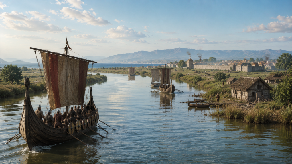 Drakkar vichinghi risalgono un fiume verso una città medievale murata, ricostruzione del saccheggio di Pisa nell'860 d.C.