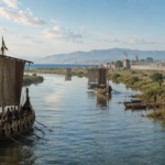 A large medieval-style sailing ship with striped sail on a calm river near a village and distant fortress walls.