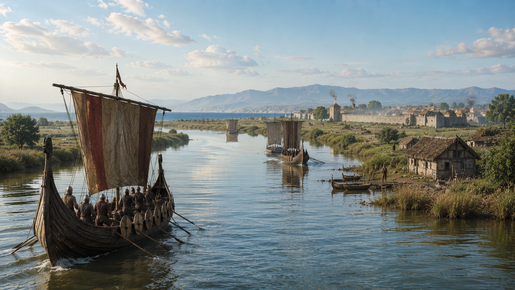 A large medieval-style sailing ship with striped sail on a calm river near a village and distant fortress walls.