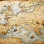 Vintage map of Europe with sailing ships, compass rose, and a sword in the top-right.