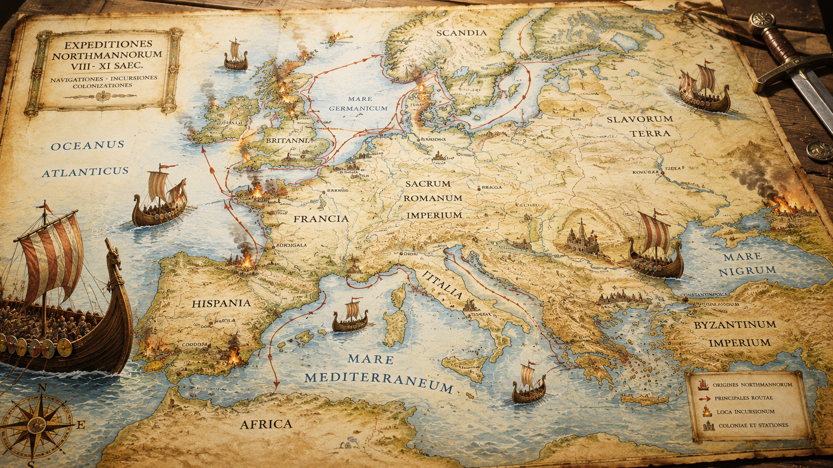 Vintage map of Europe with sailing ships, compass rose, and a sword in the top-right.