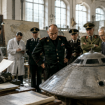 Illustrazione in stile anni Trenta: ufficiali militari fascisti e scienziati in camice bianco esaminano i rottami di un oggetto volante non identificato in un laboratorio segreto, con la bandiera del Regno d'Italia sullo sfondo
