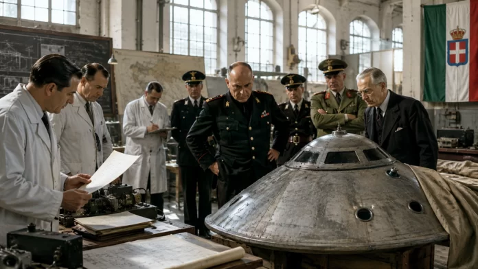 Illustrazione in stile anni Trenta: ufficiali militari fascisti e scienziati in camice bianco esaminano i rottami di un oggetto volante non identificato in un laboratorio segreto, con la bandiera del Regno d'Italia sullo sfondo