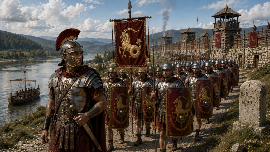 La Legio I Adiutrix sul Reno e sul Danubio - Scripta Manent Italia Colonna di legionari della Legio I Adiutrix in marcia verso il campo di Brigetio lungo il Danubio, con vessillo del capricorno e miliario con iscrizione BRIGETIO M·P·XV