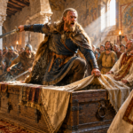 A fierce king in a blue tunic and fur cloak raises a drawn sword atop a wooden chest as a crowd gasps in a stone hall. // Informative image description for a dramatic battle scene in a medieval hall.