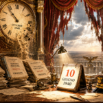 Opulent wartime workspace with a cracked clock showing October 1940, red velvet curtains, and urgent military reports scattered on a ornate desk fielded with gold accents.