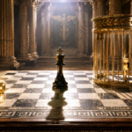 Elegant ancient throne room scene: a black chess king on a checkered marble board, gold dice to the left, and a gilded cage with a padlock to the right.