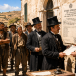Villagers in 19th-century clothing line up outside a stone building as suited officials in top hats hand out papers.