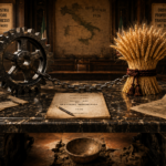 Large iron gear chained to a bundle of wheat on a marble table in a dim, historic government chamber with maps and documents behind it.