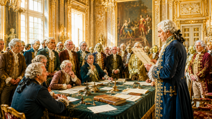 Funzionario in abito blu ricamato d'oro legge un editto regio davanti a nobili e banchieri in una sontuosa sala barocca dorata, Antico Regime, bancarotta sovrana, debito pubblico storia