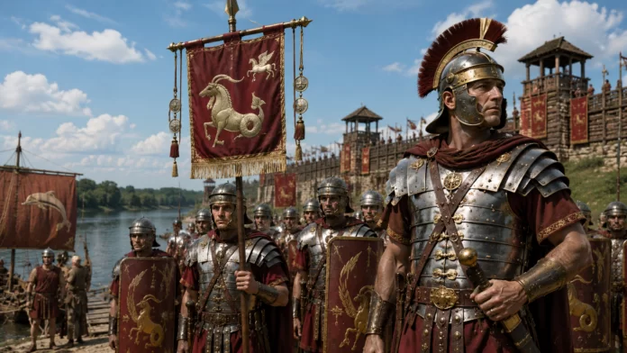Legio I Adiutrix Storia della legione Legionari della Legio I Adiutrix in assetto da marcia lungo la frontiera del Danubio, con vessillo recante capricorno e Pegaso, insegne della legione romana