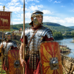 Legionari romani della Legio I Germanica in assetto da guerra sul limes renano, con vessillo recante il simbolo del toro e la scritta LEG·I GERMANICA, torre di guardia e fiume sullo sfondo