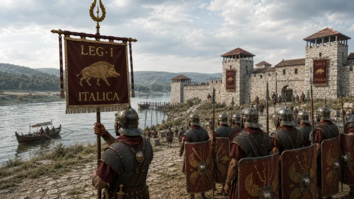Legio I Italica storia della legione Roman legionaries in bronze armor with red shields march toward a stone fortress beside a river, carrying a banner that reads LEG I ITALICA.