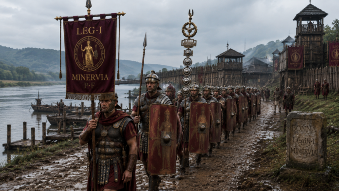 Legio I Minervia storia della legione Legionari romani della Legio I Minervia in marcia lungo il Reno presso il castrum di Bonna, con insegne legionarie e scudi decorati con l'effige di Minerva