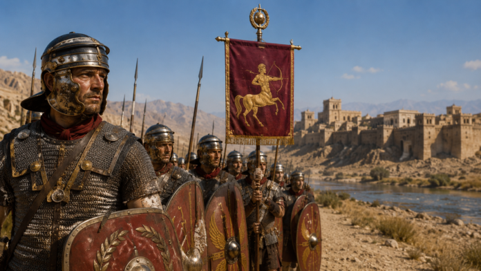 Ricostruzione della Legio I Parthica in marcia lungo il fronte mesopotamico: legionari romani in lorica segmentata con scudi decorati e stendardo con emblema del centauro, sullo sfondo di una fortezza di confine