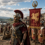 Ricostruzione della Legio II Adiutrix Pia Fidelis schierata sulle rive del Danubio: un ufficiale romano in primo piano con elmo crestato e mantello rosso, sullo sfondo il vessillo della legione con il simbolo del Pegaso e la scritta LEG II, soldati in lorica segmentata con scudi decorati, e imbarcazioni militari romane sul fiume