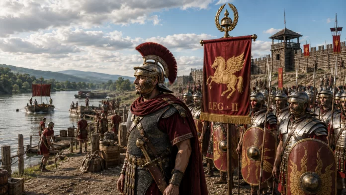 Legio II Adiutrix Pia Fidelis storia della legione Ricostruzione della Legio II Adiutrix Pia Fidelis schierata sulle rive del Danubio: un ufficiale romano in primo piano con elmo crestato e mantello rosso, sullo sfondo il vessillo della legione con il simbolo del Pegaso e la scritta LEG II, soldati in lorica segmentata con scudi decorati, e imbarcazioni militari romane sul fiume