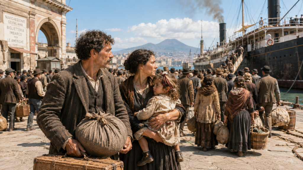 Famiglia di emigranti meridionali con bagagli al porto di Napoli in attesa di imbarcarsi per le Americhe, con il Vesuvio sullo sfondo, fine Ottocento