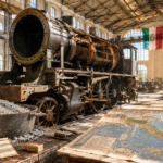 Inside a large industrial hall, a historic steam locomotive is being worked on, with a coal bucket and tools nearby and a map on the table in the foreground. Italian flag and windows overlook a distant mountainscape and harbor.