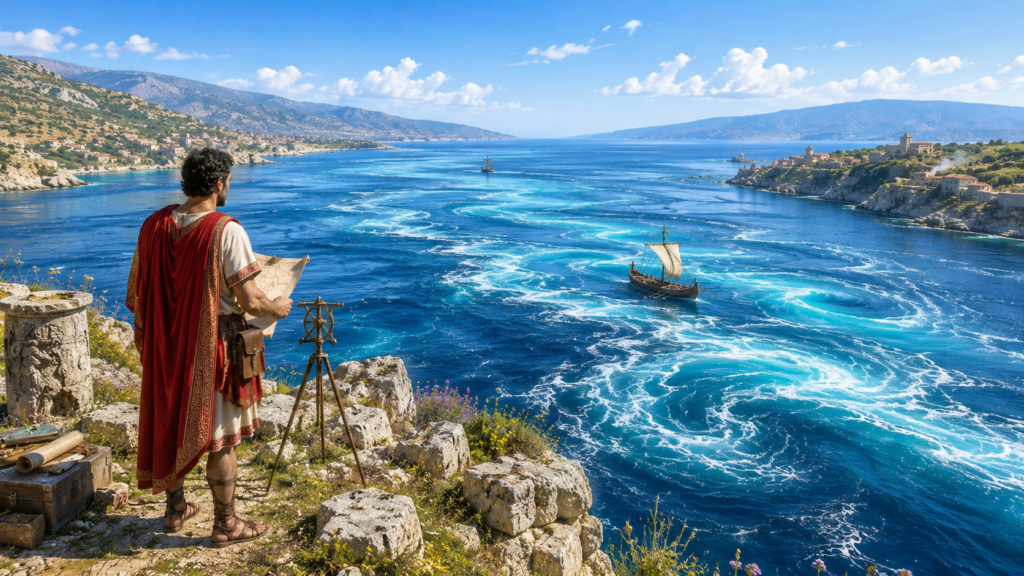 Lo Stretto di Messina una sfida naturale di straordinaria complessità - Scripta Manent Italia Ricostruzione storica dello Stretto di Messina visto da un promontorio roccioso: un cartografo romano in toga rossa con mantello dorato osserva lo stretto tenendo in mano una mappa antica, accanto a un teodolite su treppiede, mentre nel mare blu con forti vortici navigano una trireme romana e un'altra imbarcazione antica, con le coste della Sicilia e della Calabria sullo sfondo