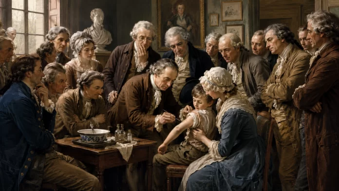 Medico settecentesco esegue una vaccinazione contro il vaiolo su un bambino davanti a un gruppo di osservatori in abiti d'epoca, illustrazione storica del primo vaccino nel 1700