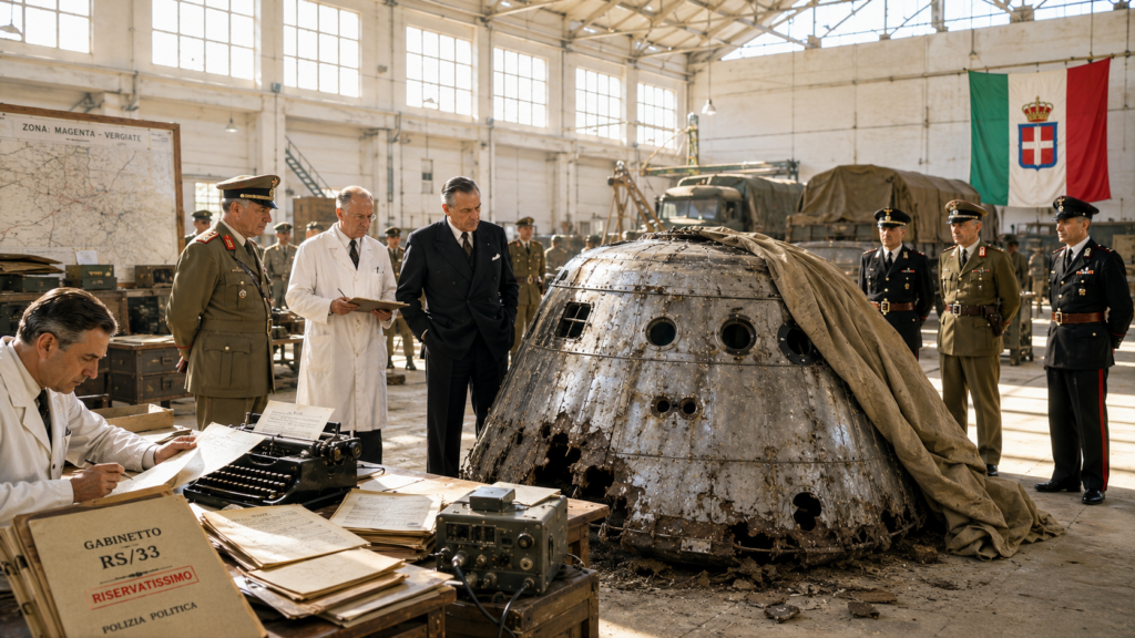 Illustrazione in stile anni Trenta: ufficiali militari e scienziati del regime fascista ispezionano i rottami di un oggetto volante in un hangar segreto, con la cartina della zona Magenta-Vergiate e il dossier classificato Gabinetto RS/33 della Polizia Politica in primo piano