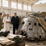 Military officers and scientists in a hangar inspect a burned, metallic capsule with torn insulation and charred surface, referencing a wartime or spaceflight investigation, Italian flag in the background.