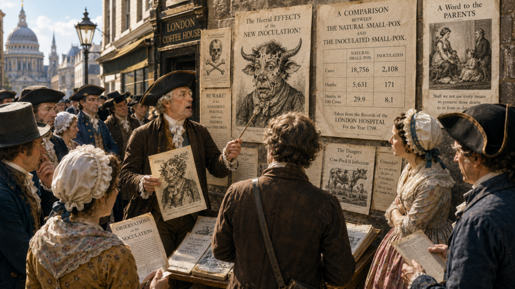 Scena settecentesca a Londra con pamphlet e manifesti anti-vaccinazione affissi su un muro, caricature grottesche contro l'inoculazione del vaiolo e tabelle statistiche del London Hospital 1798