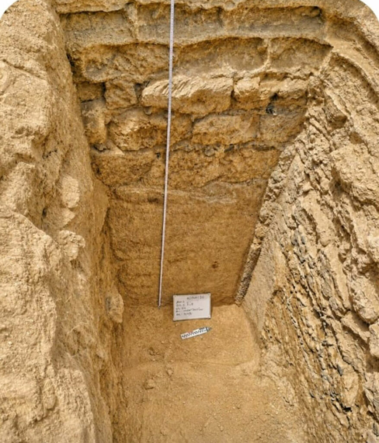 Archaeological trench showing layered soil walls, a vertical measuring rod, and a small labeled card on the dirt floor.