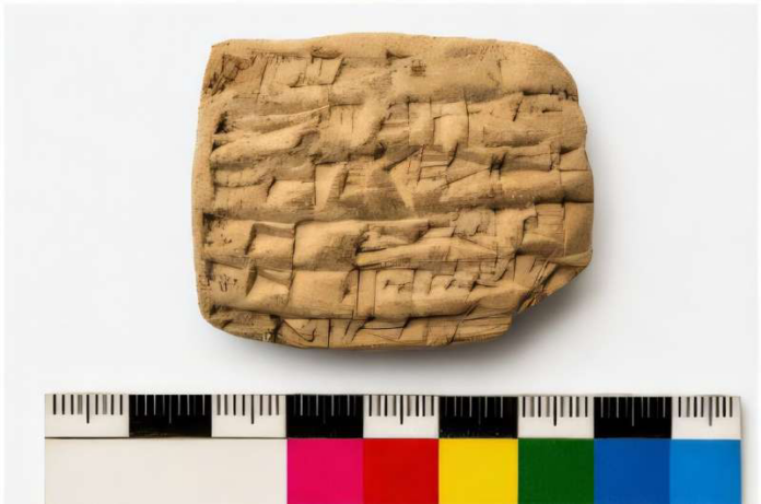 Ancient clay tablet with cuneiform inscriptions, photographed above a color calibration ruler.
