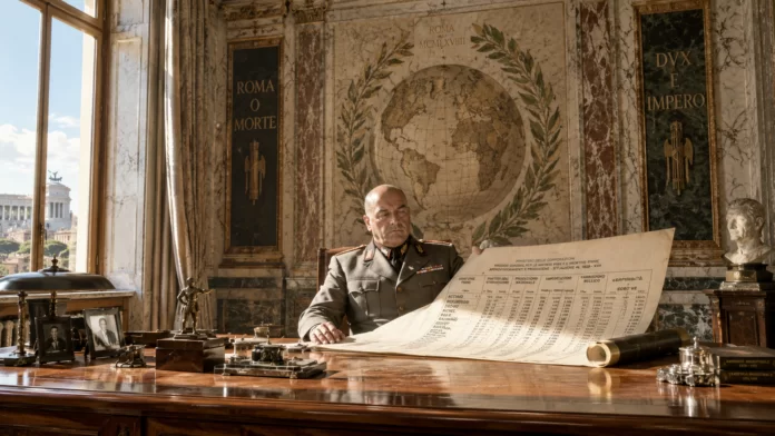 Mussolini voleva la guerra Analisi di un azzardo sbagliato Ufficiale fascista in uniforme militare consulta documenti del Ministero delle Corporazioni alla scrivania, con iscrizioni 'Roma o Morte' e 'Dux e Impero' sullo sfondo, Roma