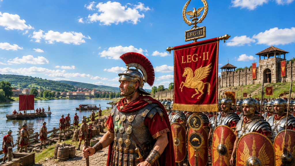 Nome numero e titoli onorifici - Scripta Manent Italia Ufficiale della Legio II Adiutrix in lorica segmentata con mantello rosso regge un bastone del comando sulle rive del Danubio: sullo sfondo il vessillo rosso con il Pegaso dorato e la scritta LEG II, legionari schierati con scudi decorati, imbarcazioni romane sul fiume e le mura del castrum di Aquincum