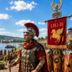 Roman legionaries in ornate armor march beside a river, led by a centurion, with a red banner reading LEG II behind them.