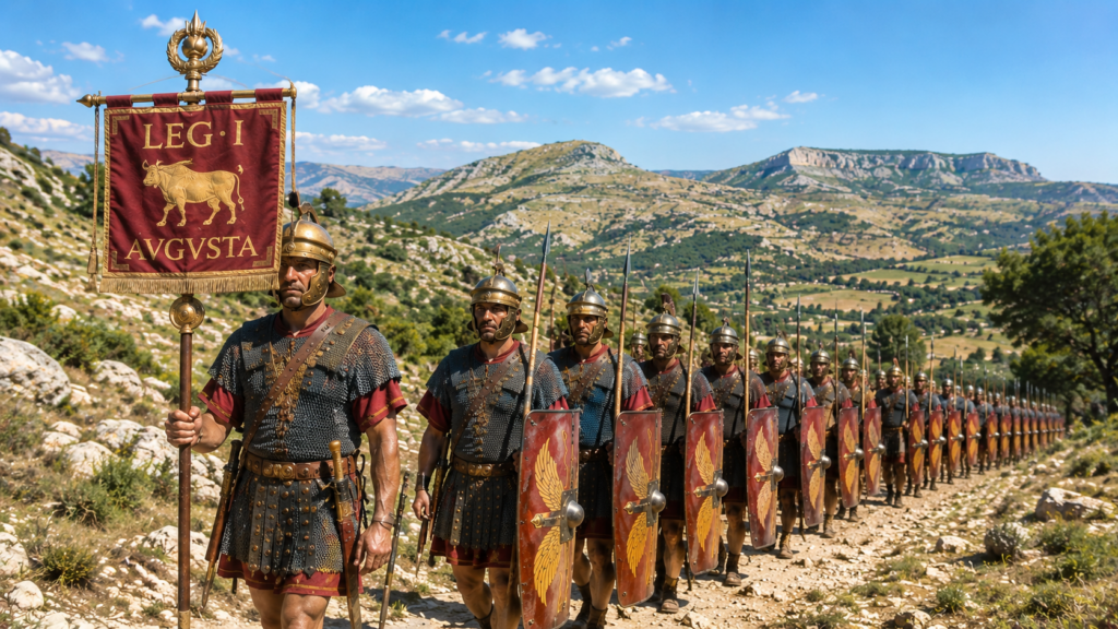 Colonna di legionari romani della Legio I Augusta con vessillo LEG·I AVGVSTA e toro dorato, in marcia su strada iberica, età augustea